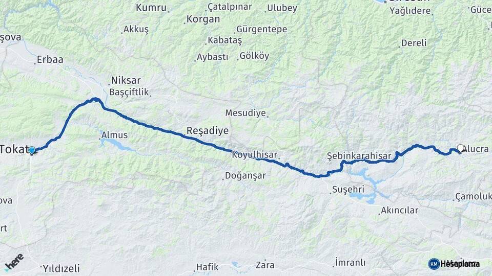 Tokat Alucra Giresun Arası Kaç Km - Yol Haritası