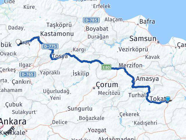 Tokat Araç Kastamonu Arası Kaç Km - Yol Haritası