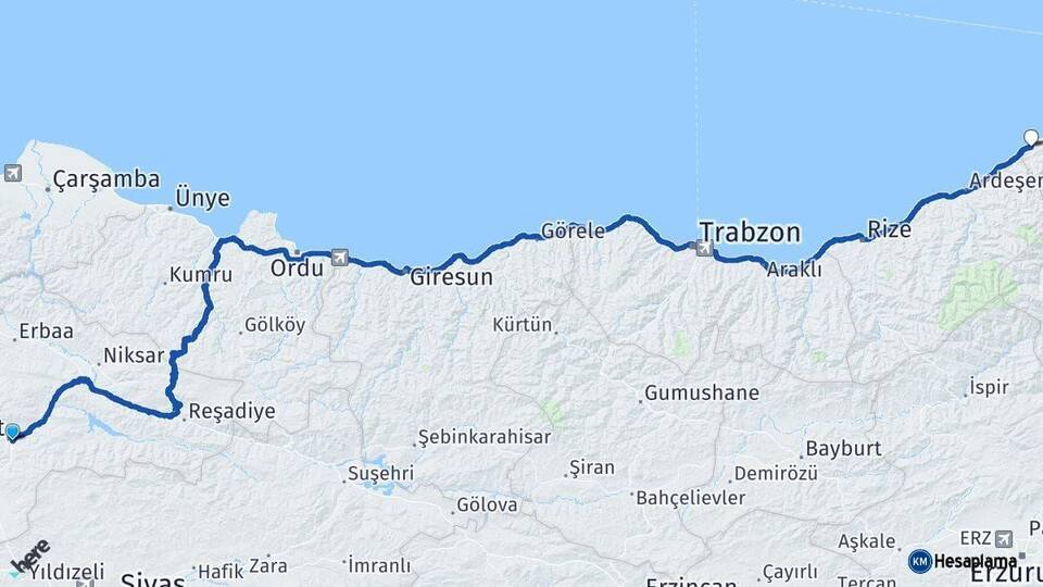 Tokat Arhavi Artvin Arası Kaç Km - Yol Haritası