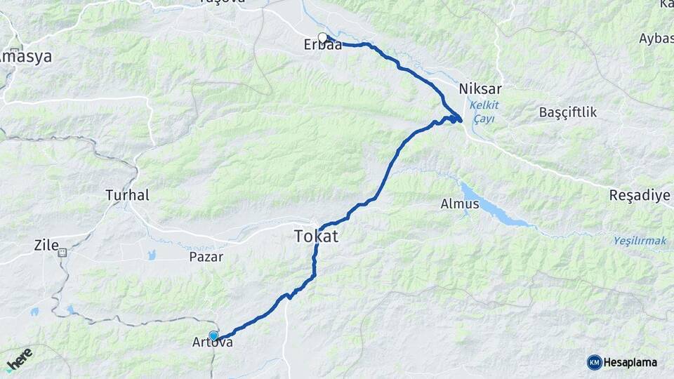 Tokat Artova Erbaa Arası Kaç Km - Yol Haritası
