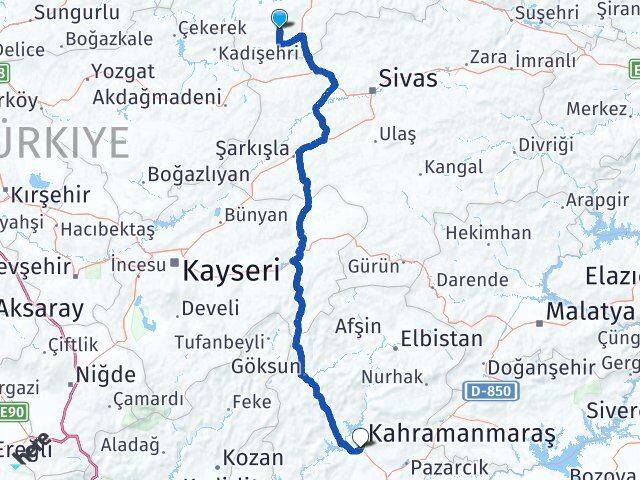 Tokat Artova Kahramanmaraş Arası Kaç Km - Yol Haritası
