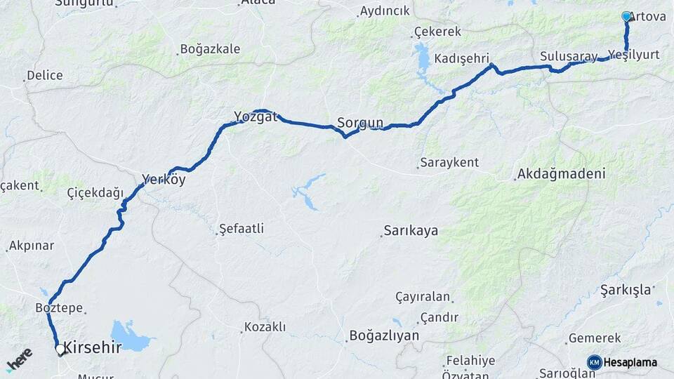 Tokat Artova Kırşehir Arası Kaç Km - Yol Haritası