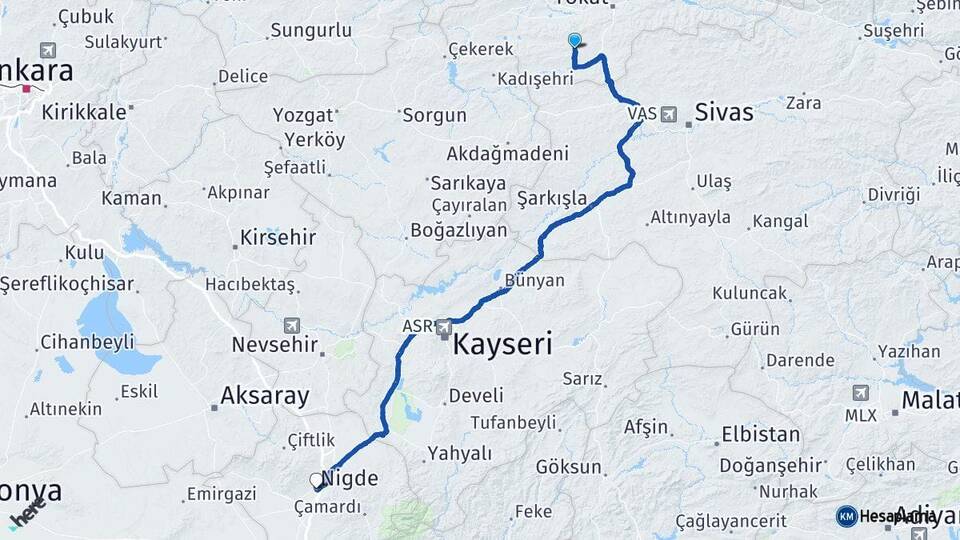 Tokat Artova Niğde Arası Kaç Km - Yol Haritası