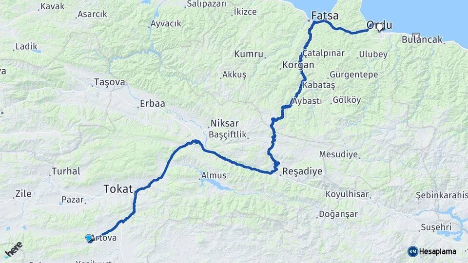 Tokat Artova Ordu Arası Kaç Km - Yol Haritası