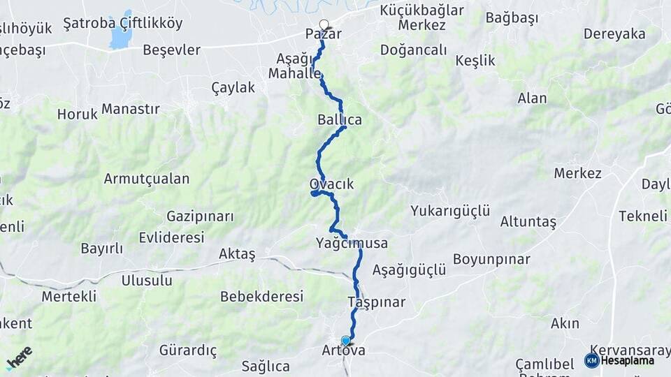 Tokat Artova Pazar Arası Kaç Km - Yol Haritası
