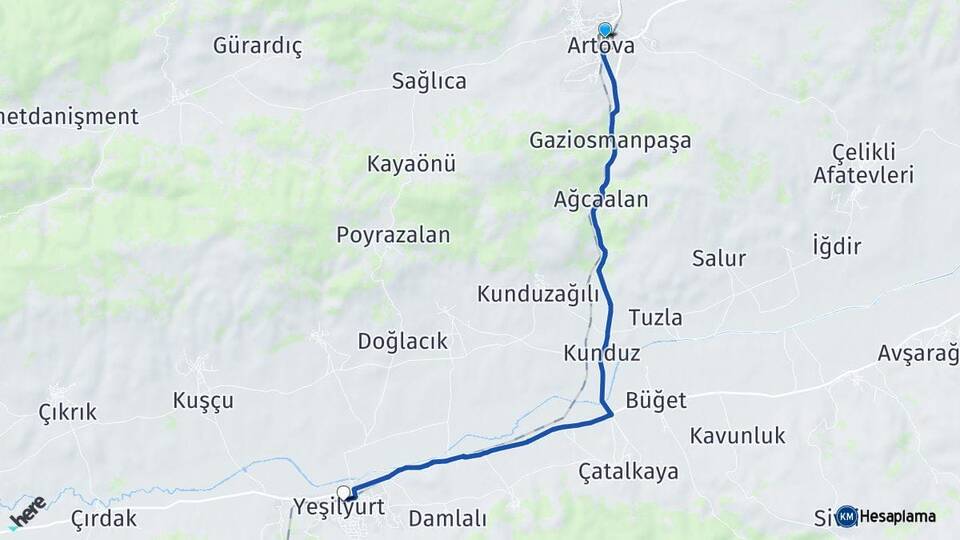 Tokat Artova Yeşilyurt Arası Kaç Km - Yol Haritası