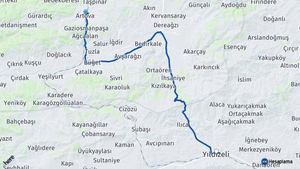 Tokat Artova Yıldızeli Sivas Arası Kaç Km - Yol Haritası