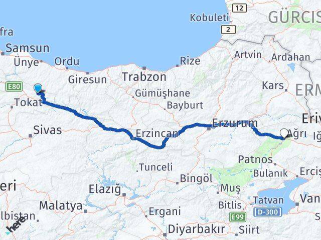 Tokat Başçiftlik Ağrı Arası Kaç Km - Yol Haritası