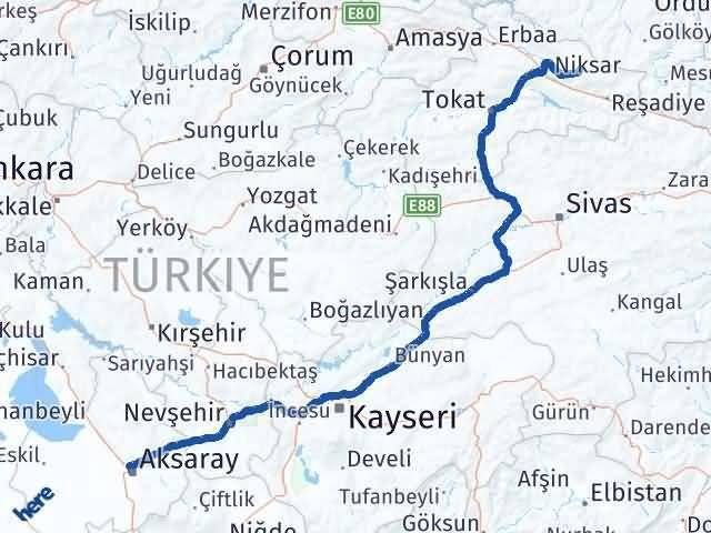 Tokat Başçiftlik Aksaray Arası Kaç Km - Yol Haritası