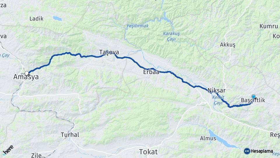 Tokat Başçiftlik Amasya Arası Kaç Km - Yol Haritası