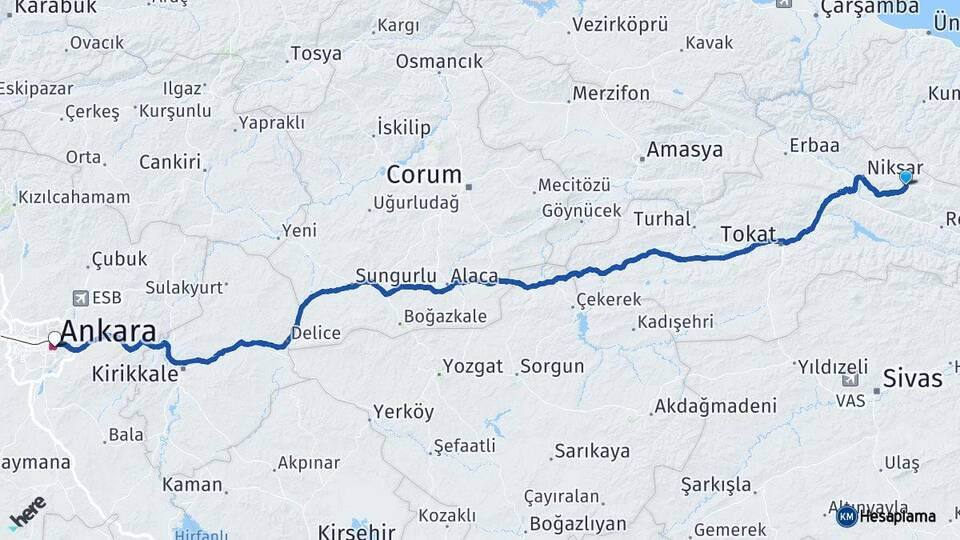 Tokat Başçiftlik Ankara Arası Kaç Km - Yol Haritası