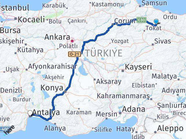 Tokat Başçiftlik Antalya Arası Kaç Km - Yol Haritası