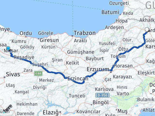 Tokat Başçiftlik Ardahan Arası Kaç Km - Yol Haritası
