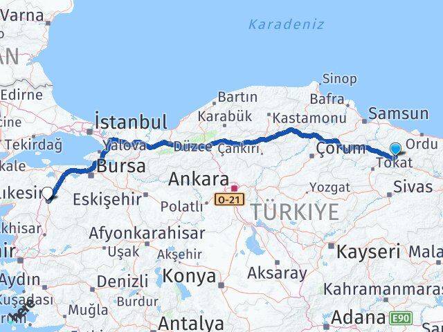 Tokat Başçiftlik Balıkesir Arası Kaç Km - Yol Haritası