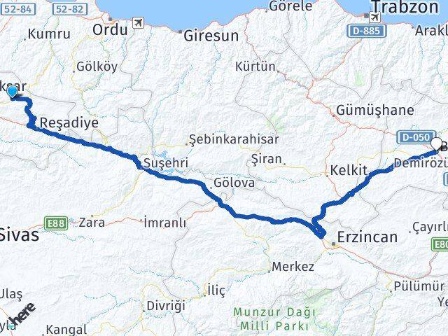 Tokat Başçiftlik Bayburt Arası Kaç Km - Yol Haritası