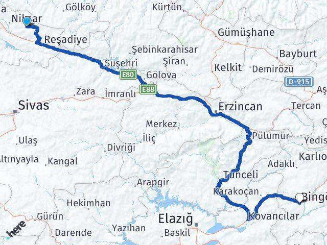 Tokat Başçiftlik Bingöl Arası Kaç Km - Yol Haritası