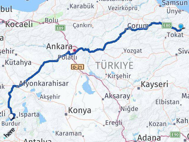 Tokat Başçiftlik Burdur Arası Kaç Km - Yol Haritası