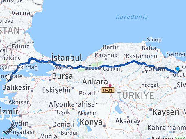 Tokat Başçiftlik Çanakkale Arası Kaç Km - Yol Haritası