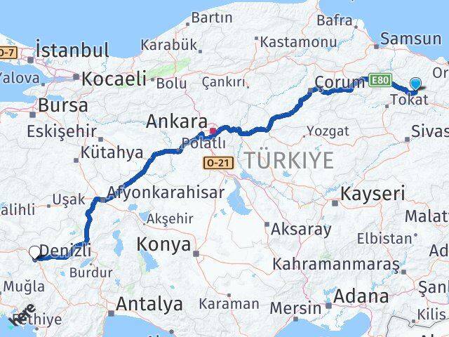 Tokat Başçiftlik Denizli Arası Kaç Km - Yol Haritası