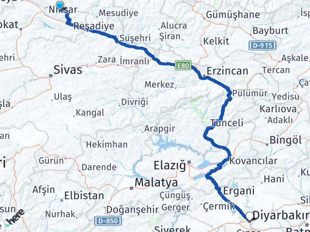 Tokat Başçiftlik Diyarbakır Arası Kaç Km - Yol Haritası