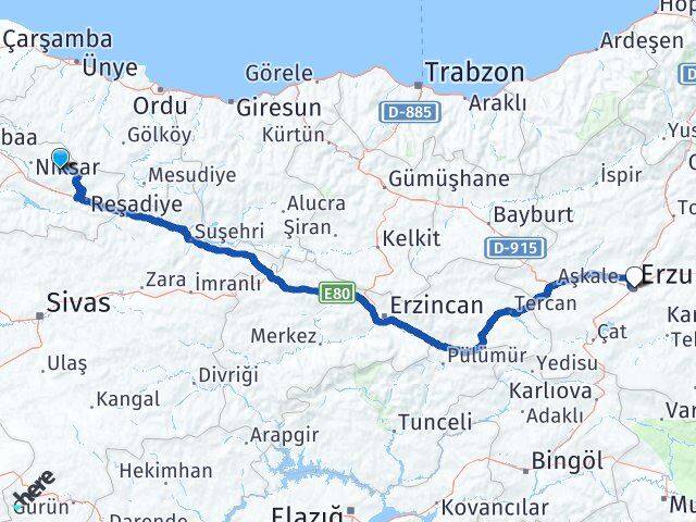 Tokat Başçiftlik Erzurum Arası Kaç Km - Yol Haritası