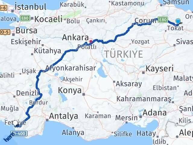 Tokat Başçiftlik Fethiye Muğla Arası Kaç Km - Yol Haritası
