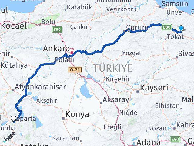 Tokat Başçiftlik Isparta Arası Kaç Km - Yol Haritası