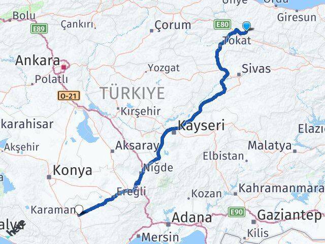 Tokat Başçiftlik Karaman Arası Kaç Km - Yol Haritası