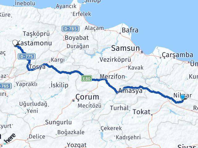 Tokat Başçiftlik Kastamonu Arası Kaç Km - Yol Haritası