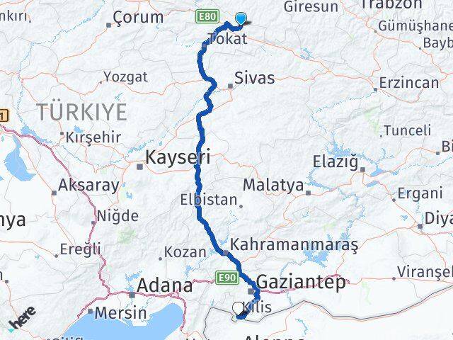 Tokat Başçiftlik Kilis Arası Kaç Km - Yol Haritası