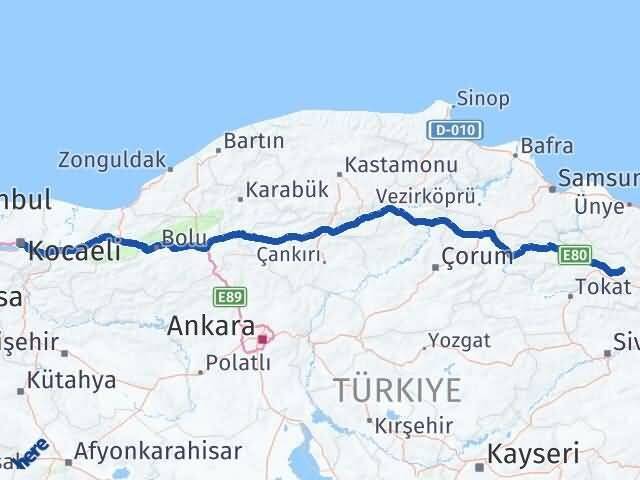 Tokat Başçiftlik Kocaeli Arası Kaç Km - Yol Haritası