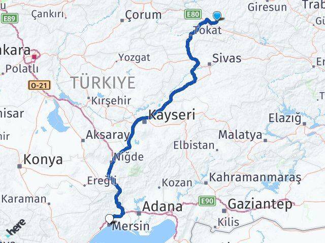 Tokat Başçiftlik Mersin Arası Kaç Km - Yol Haritası