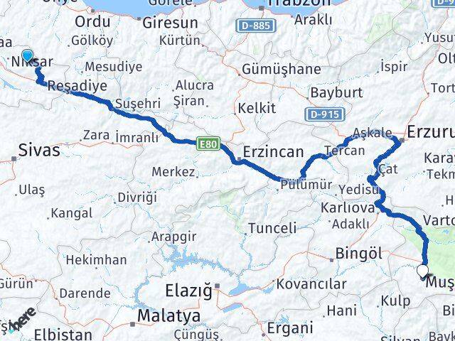 Tokat Başçiftlik Muş Arası Kaç Km - Yol Haritası