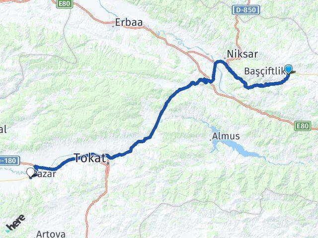 Tokat Başçiftlik Pazar Arası Kaç Km - Yol Haritası