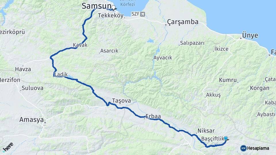 Tokat Başçiftlik Samsun Arası Kaç Km - Yol Haritası