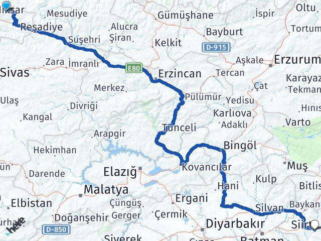 Tokat Başçiftlik Siirt Arası Kaç Km - Yol Haritası