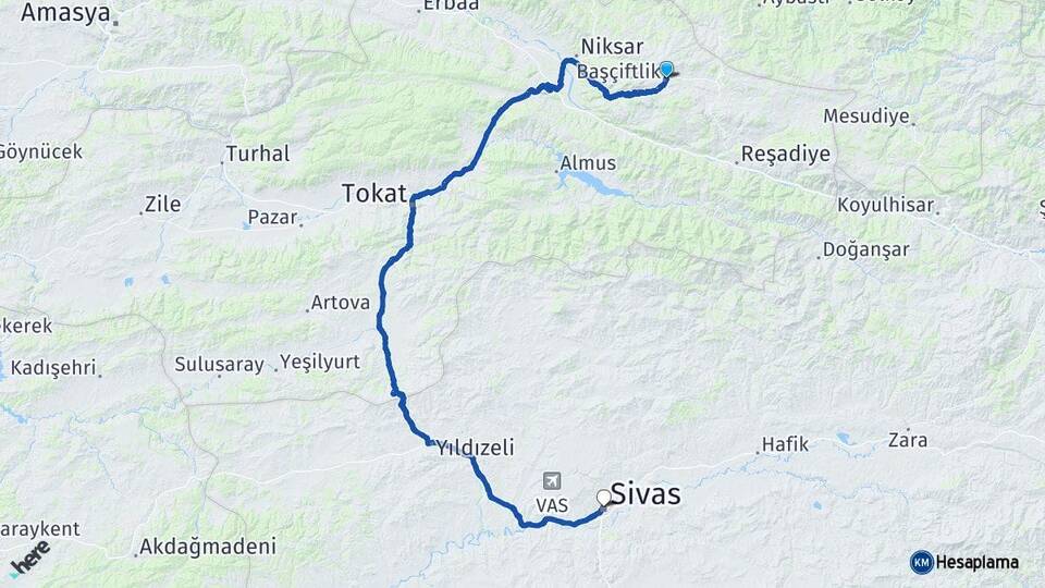 Tokat Başçiftlik Sivas Arası Kaç Km - Yol Haritası