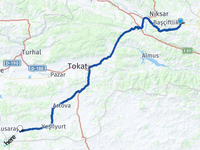Tokat Başçiftlik Sulusaray Arası Kaç Km - Yol Haritası