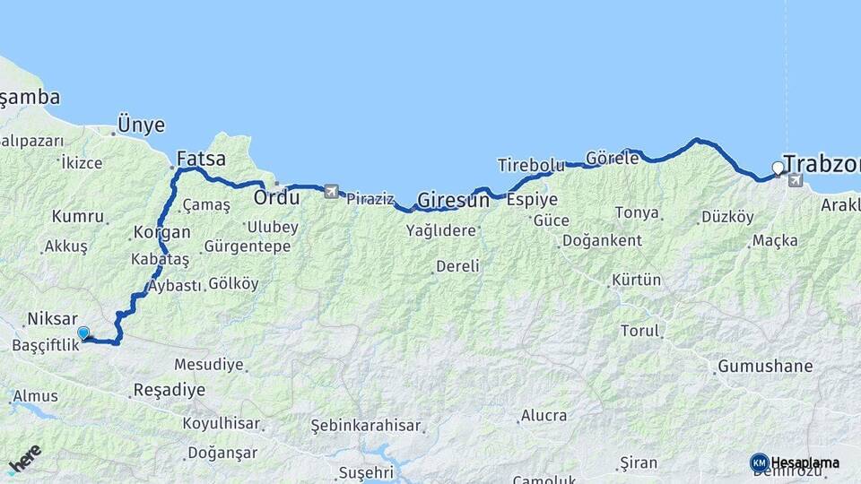 Tokat Başçiftlik Trabzon Arası Kaç Km - Yol Haritası