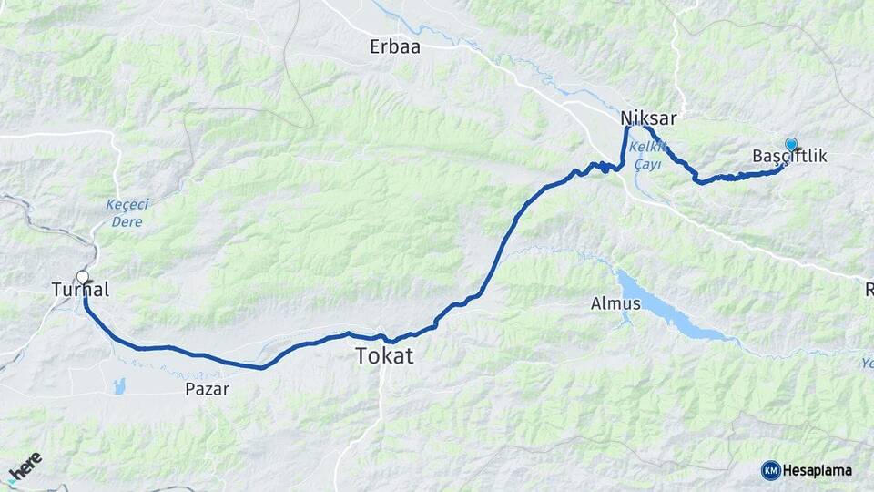 Tokat Başçiftlik Turhal Arası Kaç Km - Yol Haritası