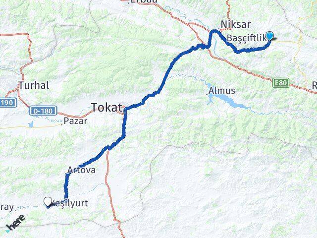 Tokat Başçiftlik Yeşilyurt Arası Kaç Km - Yol Haritası