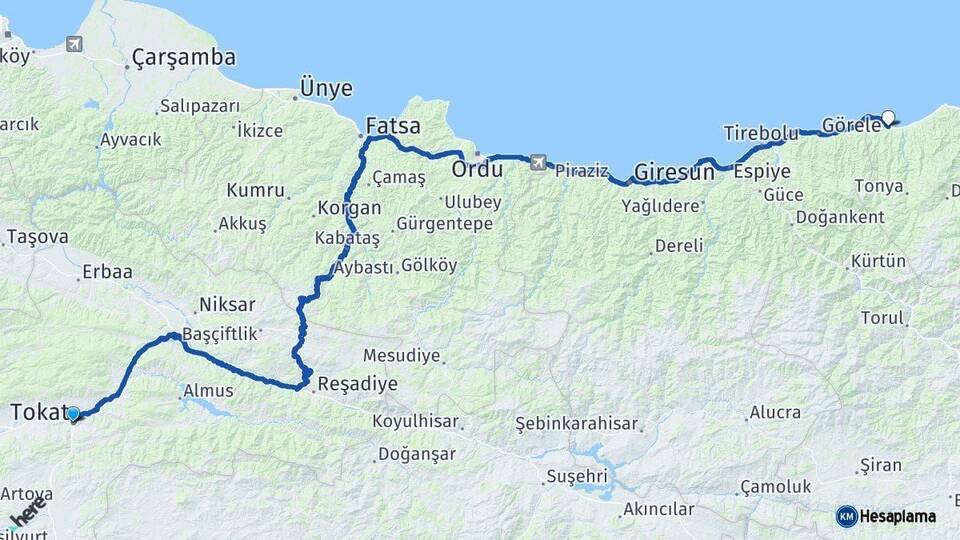 Tokat Beşikdüzü Trabzon Arası Kaç Km - Yol Haritası