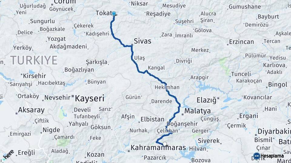 Tokat Besni Adıyaman Arası Kaç Km - Yol Haritası