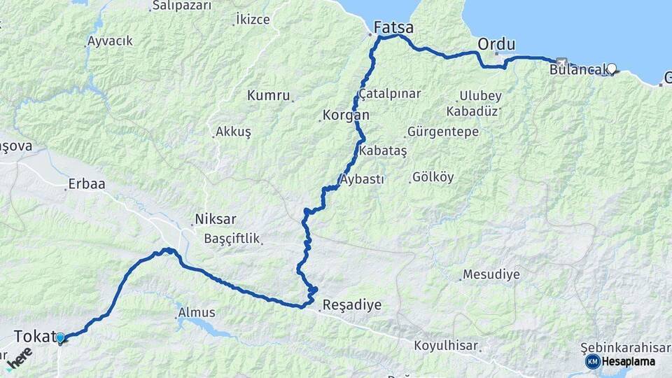 Tokat Bulancak Giresun Arası Kaç Km - Yol Haritası