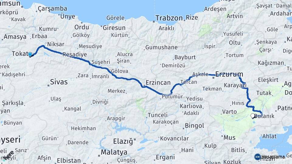 Tokat Bulanık Muş Arası Kaç Km - Yol Haritası