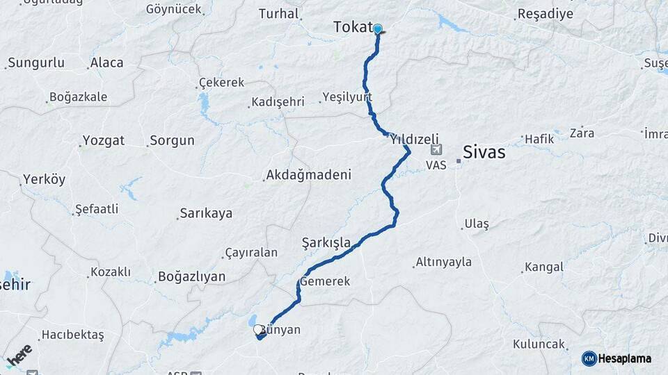 Tokat Bünyan Kayseri Arası Kaç Km - Yol Haritası