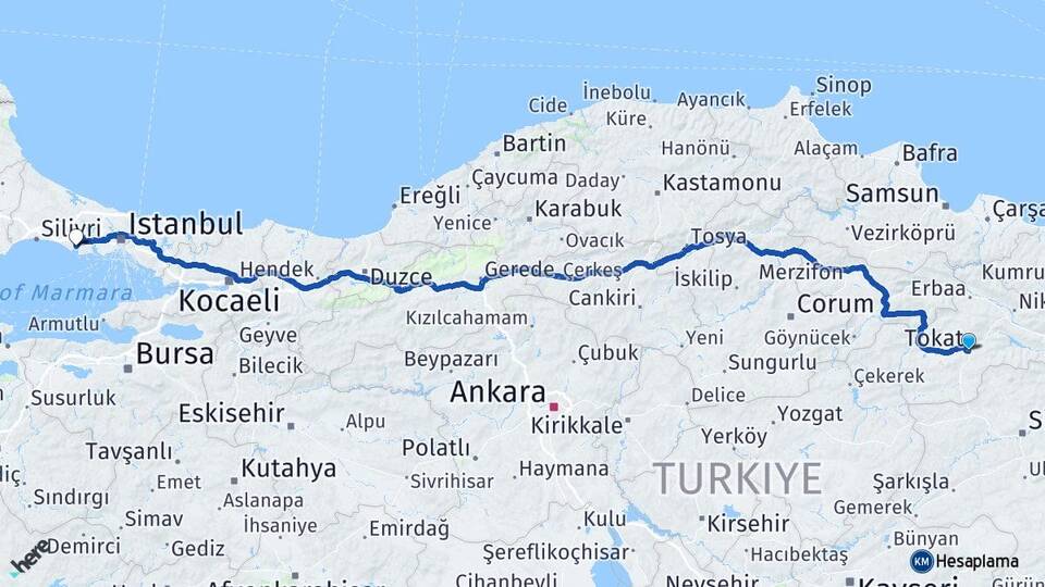 Tokat Büyükçekmece İstanbul Arası Kaç Km - Yol Haritası