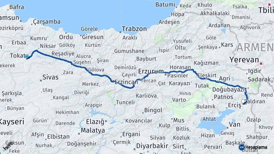Tokat Çaldıran Van Arası Kaç Km - Yol Haritası
