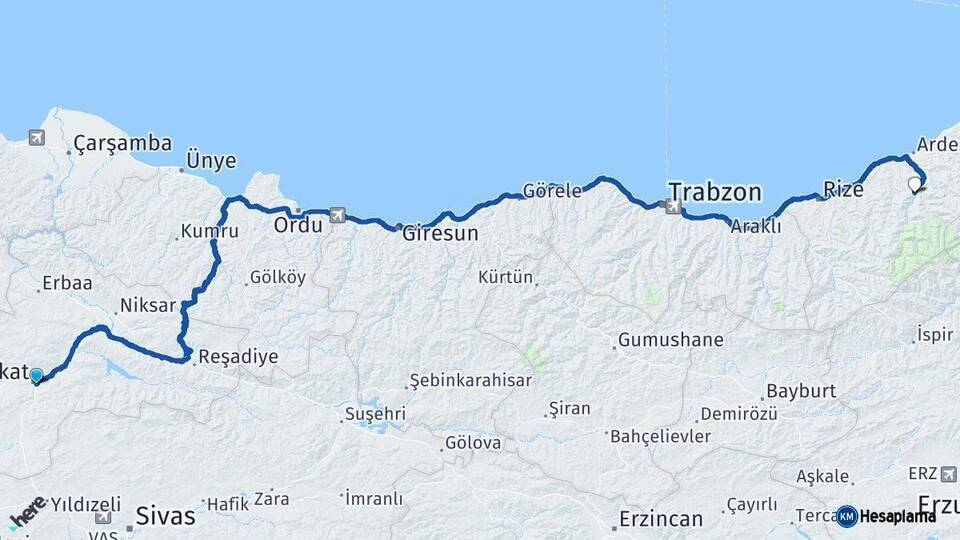 Tokat Çamlıhemşin Rize Arası Kaç Km - Yol Haritası