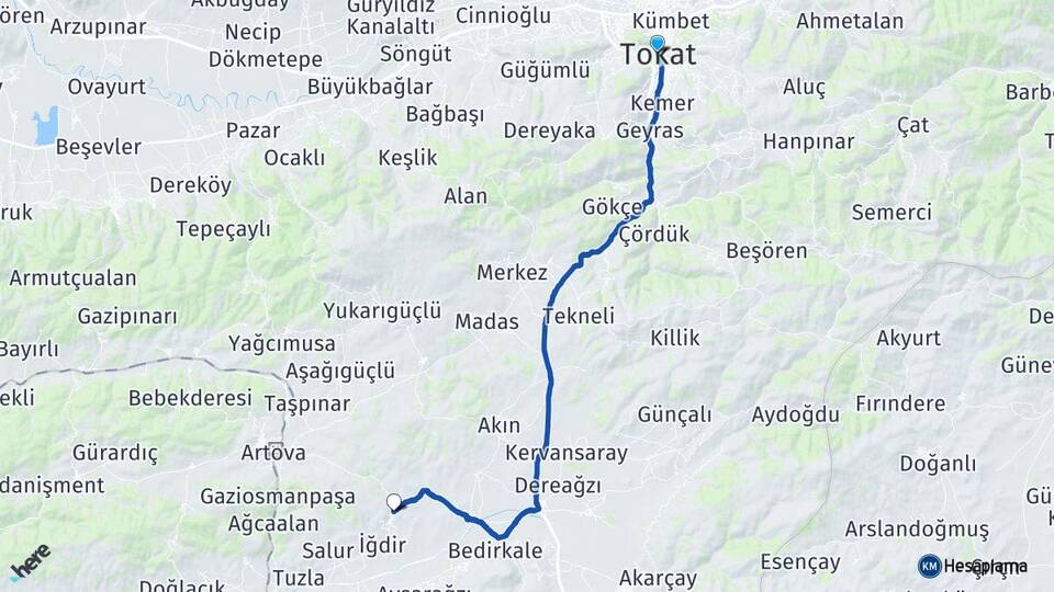 Tokat Çelikli Artova Arası Kaç Km - Yol Haritası